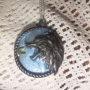 Handmade Resin Wolf Pendant With Night Sky, Silver Tone Chain Necklace.